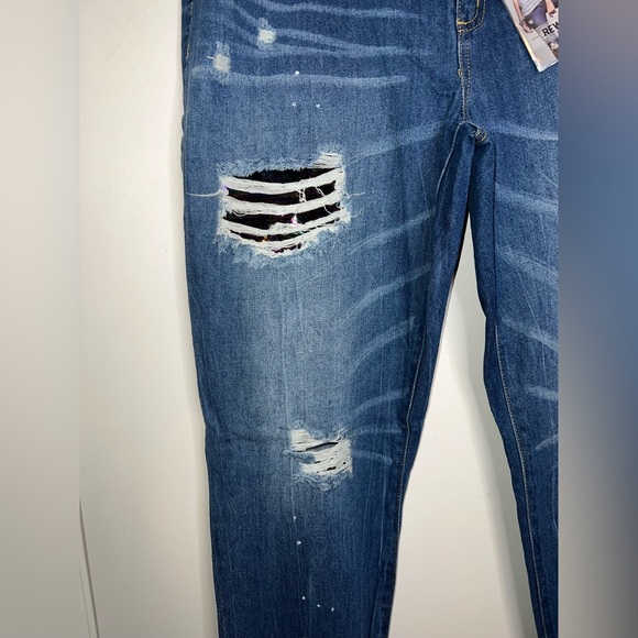 Rewash Brand Ultra Stretch Classic Rise Denim Jeans Sequin Patches Sz 17/33 - Picture 3 of 11